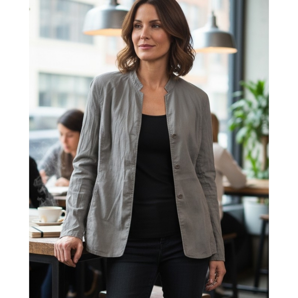 Eileen Fisher Linen  High neck Seamed Button jacket Dark Gray Size M